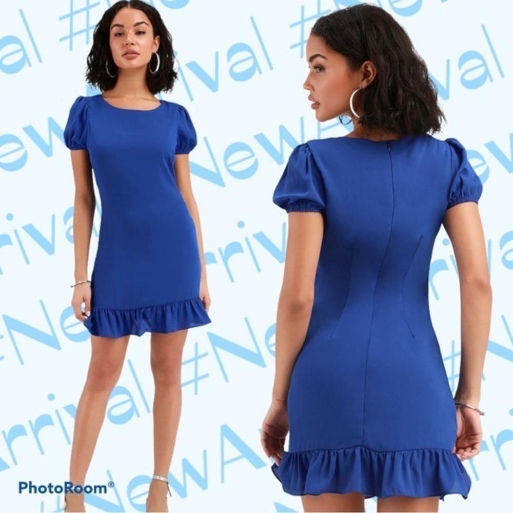 Chic Royal Blue Puff Sleeve Mini Dress